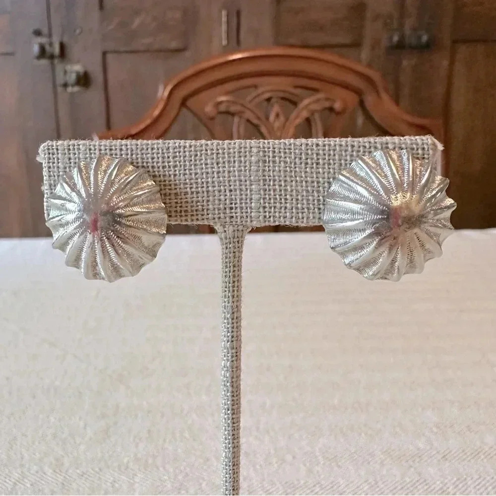 Vintage Mid Century Button Style Clip On Earrings in Silver Tone Domed Etching